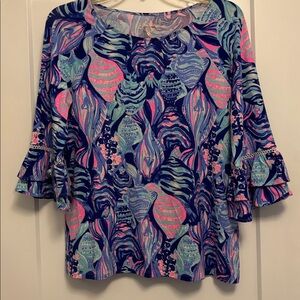 Lilly Pulitzer colorful Top 3/4 ruffle sleeve w decorative stitching Women’s Med
